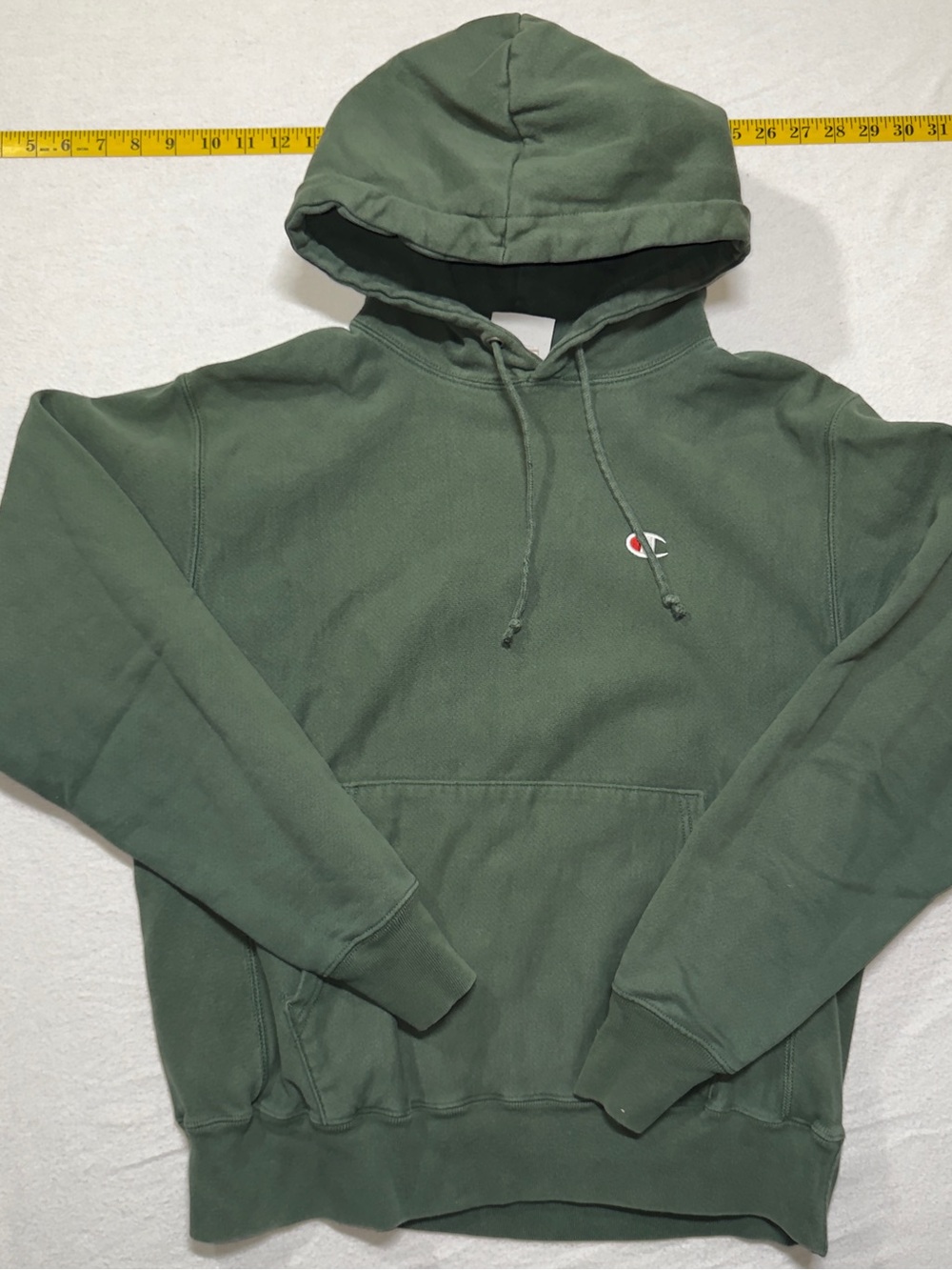 Champion Olive Green Pullover Hoodie with Small Chest Logo reverse weave vintage